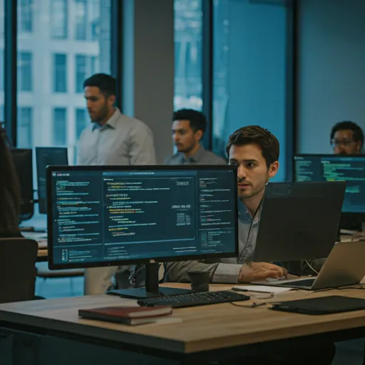 Modern collaborative workspace with diverse software developers working together on digital screens in a high-tech office environment